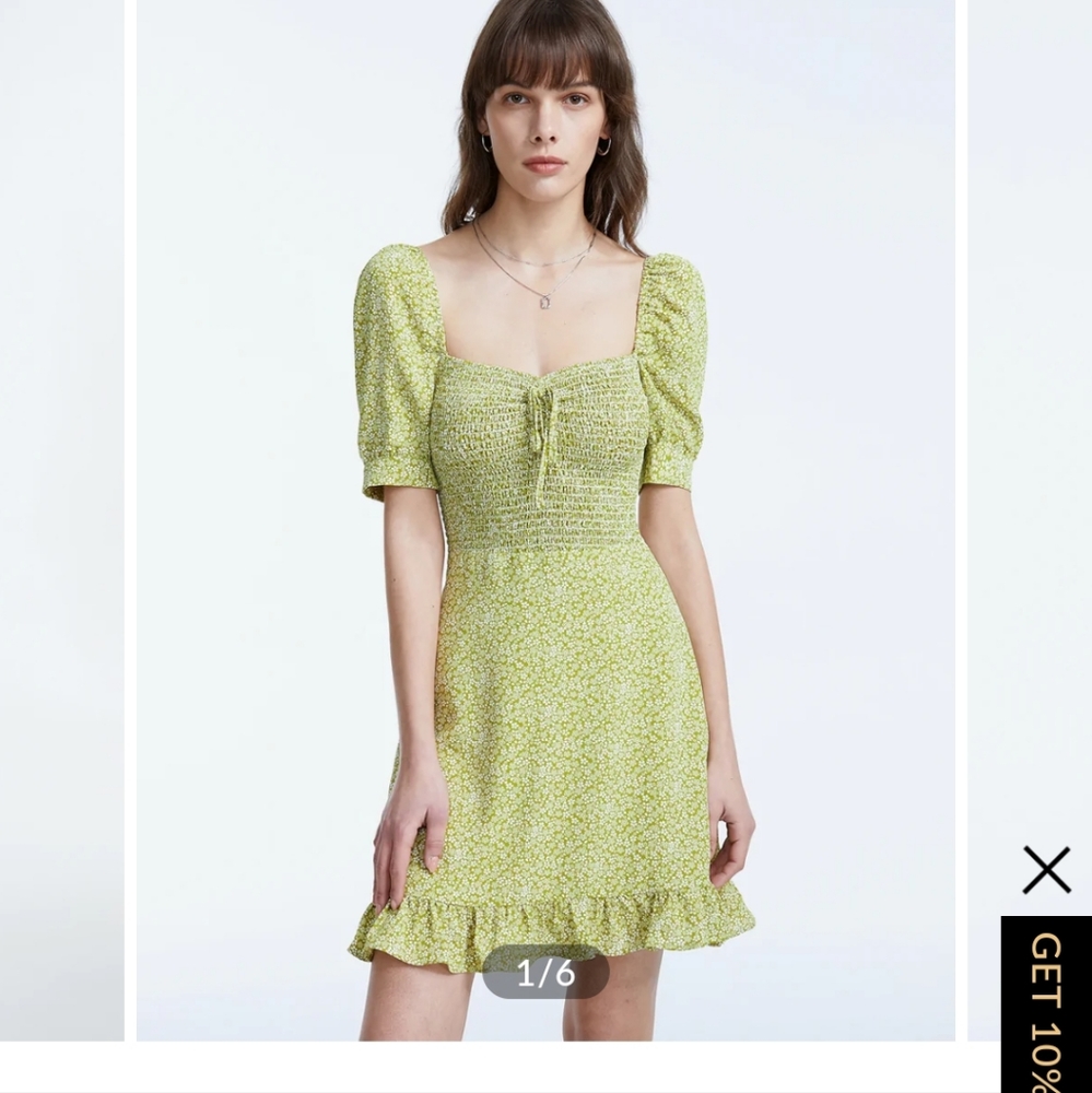 Square Neck Puff Sleeve Mini Daisy Ruffle Dress